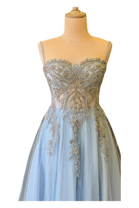 Glitter Lace Covered Maxi Length Evening Dress Ice Blue - 1