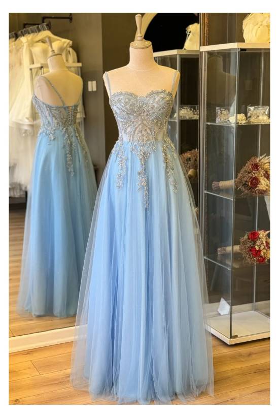 Glitter Lace Covered Maxi Length Evening Dress Ice Blue - 0