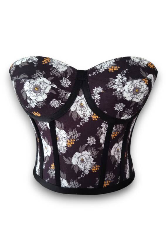 Siyah Çiçek Desenli Bağlamalı Korse Büstiyer 1562 - 2