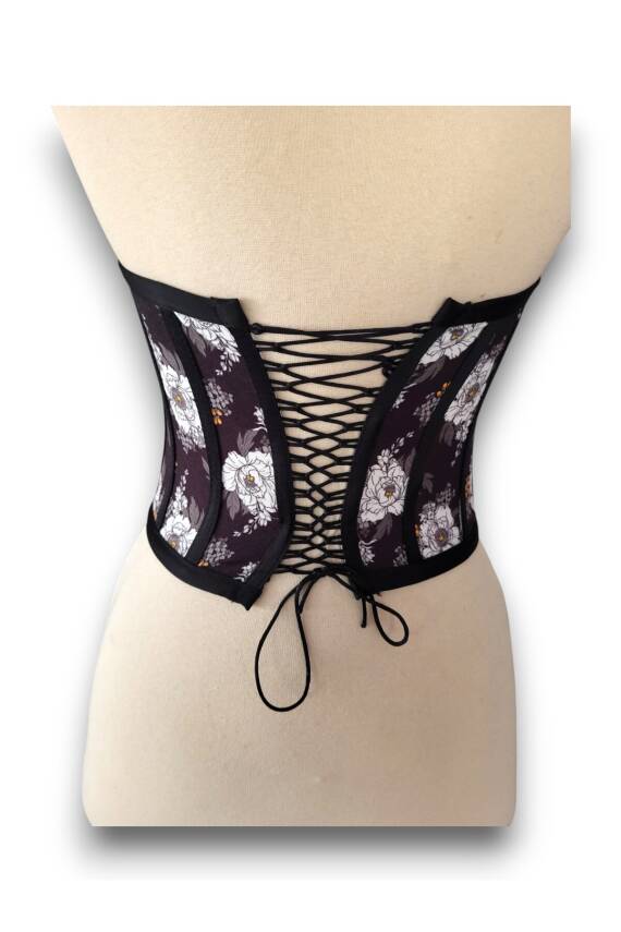 Siyah Çiçek Desenli Bağlamalı Korse Büstiyer 1562 - 4