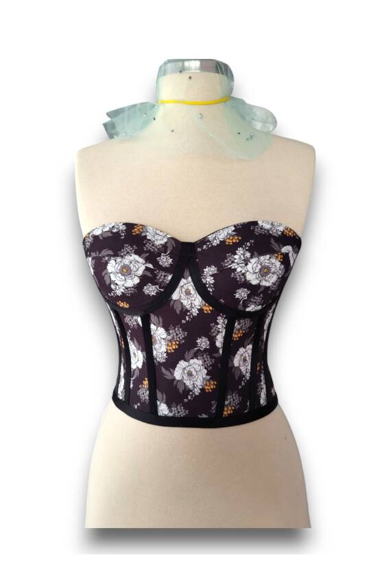Siyah Çiçek Desenli Bağlamalı Korse Büstiyer 1562 - 5