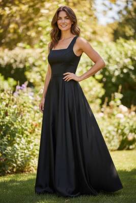 Siyah Kare Yaka Saten Abiye Elbise Maxi Boy - 6