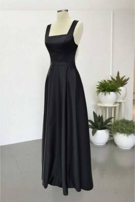 Siyah Kare Yaka Saten Abiye Elbise Maxi Boy - 4