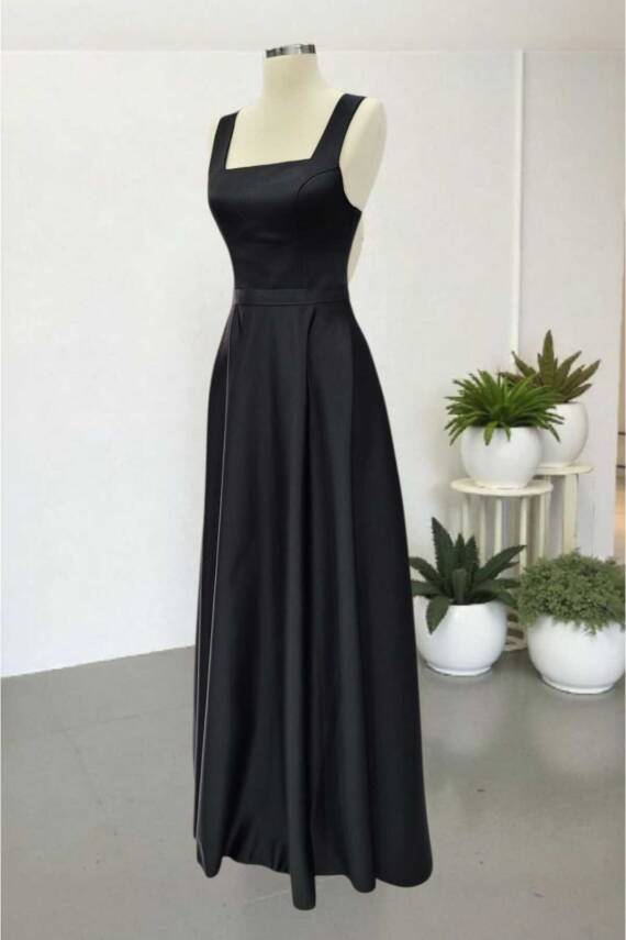 Siyah Kare Yaka Saten Abiye Elbise Maxi Boy - 4