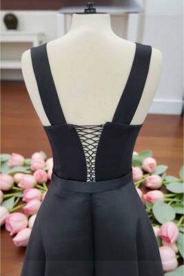 Siyah Kare Yaka Saten Abiye Elbise Maxi Boy - 5