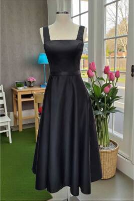 Siyah Kare Yaka Saten Abiye Elbise Midi Boy - 2