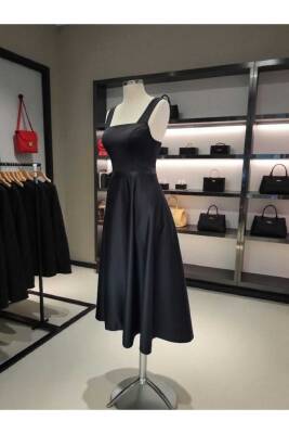 Siyah Kare Yaka Saten Abiye Elbise Midi Boy - 4