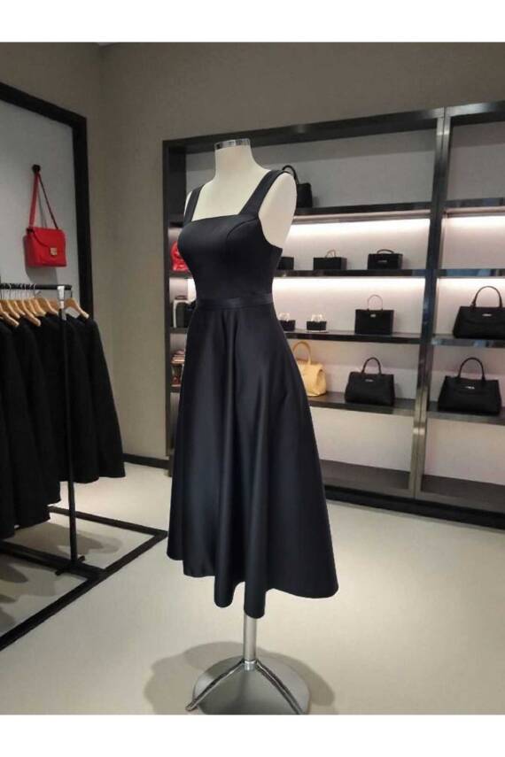 Siyah Kare Yaka Saten Abiye Elbise Midi Boy - 4