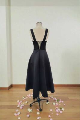 Siyah Kare Yaka Saten Abiye Elbise Midi Boy - 5