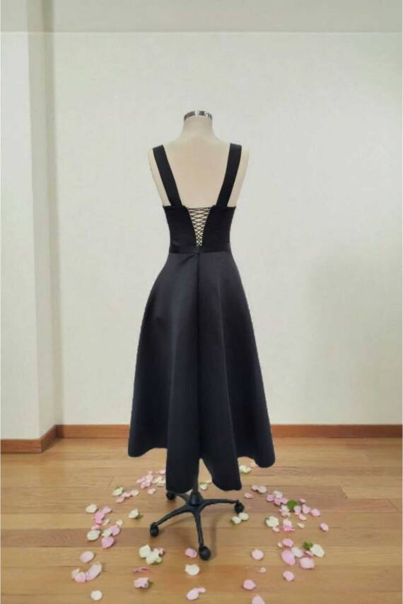 Siyah Kare Yaka Saten Abiye Elbise Midi Boy - 5