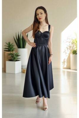 Siyah Midi Boy Saten Gece Ve Mezuniyet Elbisesi