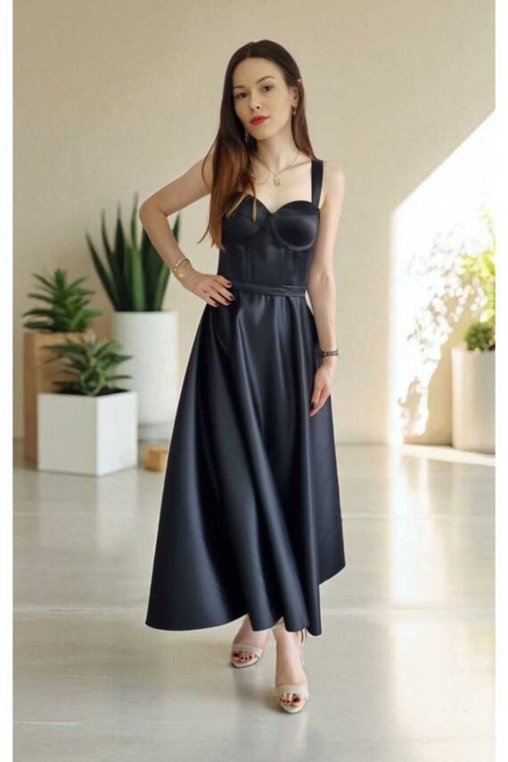 Siyah Midi Boy Saten Gece Ve Mezuniyet Elbisesi - 2