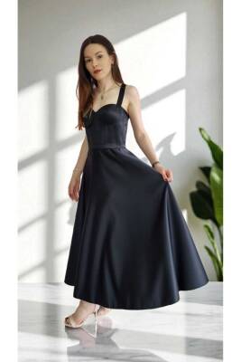 Siyah Midi Boy Saten Gece Ve Mezuniyet Elbisesi - 3