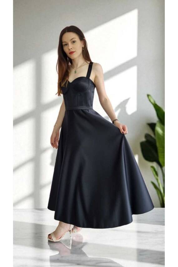 Siyah Midi Boy Saten Gece Ve Mezuniyet Elbisesi - 3