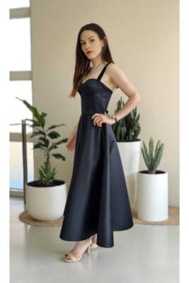 Siyah Midi Boy Saten Gece Ve Mezuniyet Elbisesi - 5