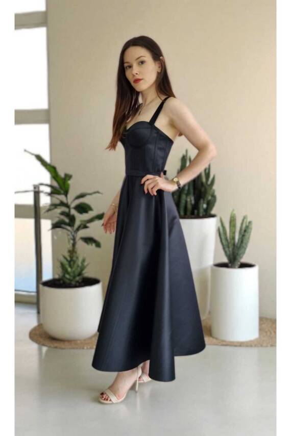 Siyah Midi Boy Saten Gece Ve Mezuniyet Elbisesi - 5