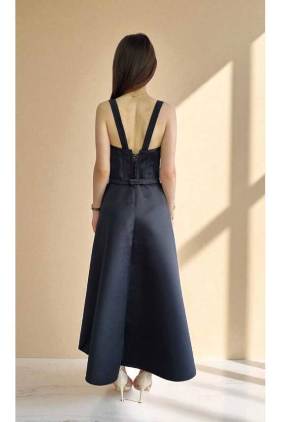 Siyah Midi Boy Saten Gece Ve Mezuniyet Elbisesi - 6