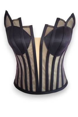 Siyah Transparan Balenli Korse Büstiyer Gelinlik Hazır Beden - 2