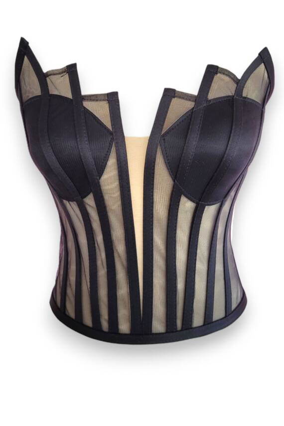 Siyah Transparan Balenli Korse Büstiyer Gelinlik Hazır Beden - 2