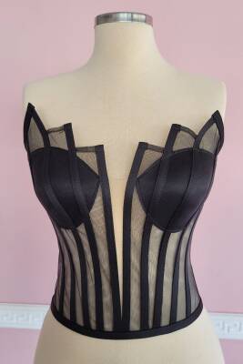Siyah Transparan Balenli Korse Büstiyer Gelinlik Hazır Beden - 3