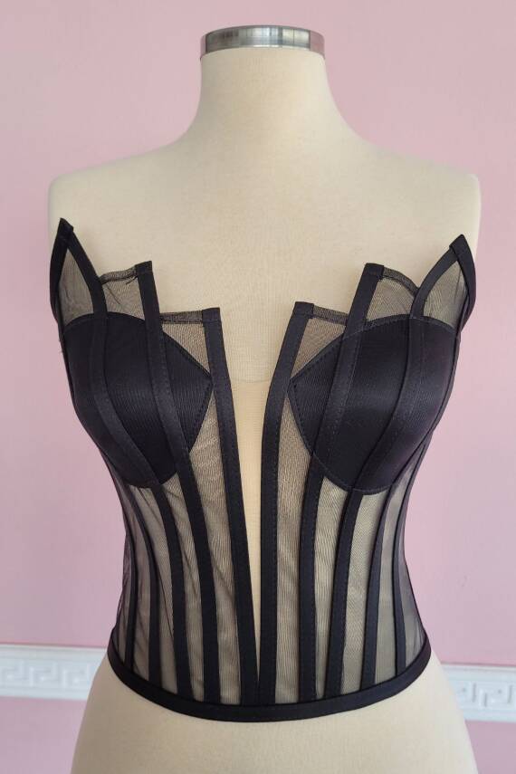 Siyah Transparan Balenli Korse Büstiyer Gelinlik Hazır Beden - 3
