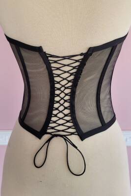 Siyah Transparan Balenli Korse Büstiyer Gelinlik Hazır Beden - 4
