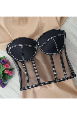 Siyah Transparan Korse Büstiyer Kristal Boncuk Süslemeli