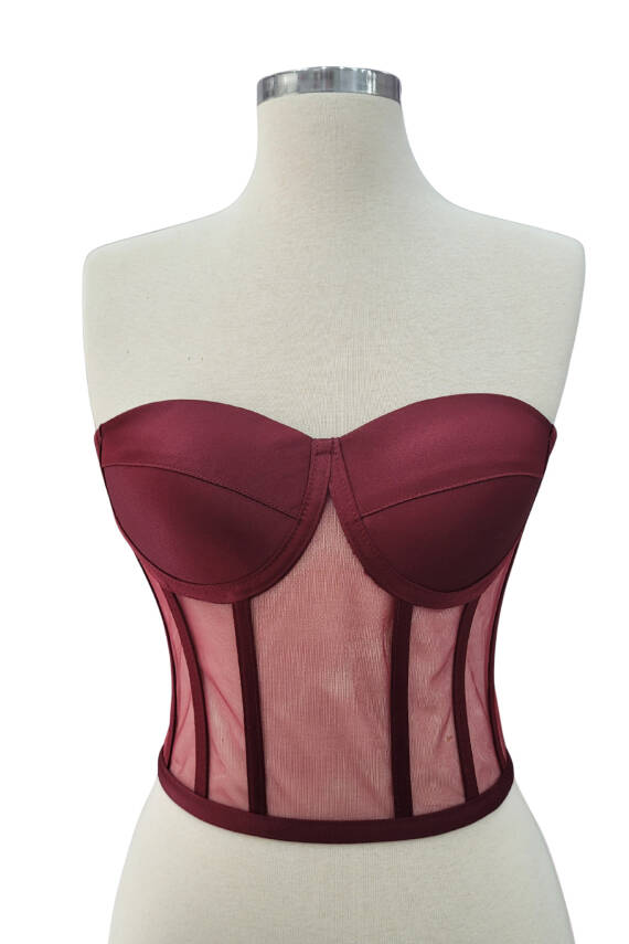 Transparan Balenli Bağlamalı Büstiyer Hazır Beden Bordo - 6