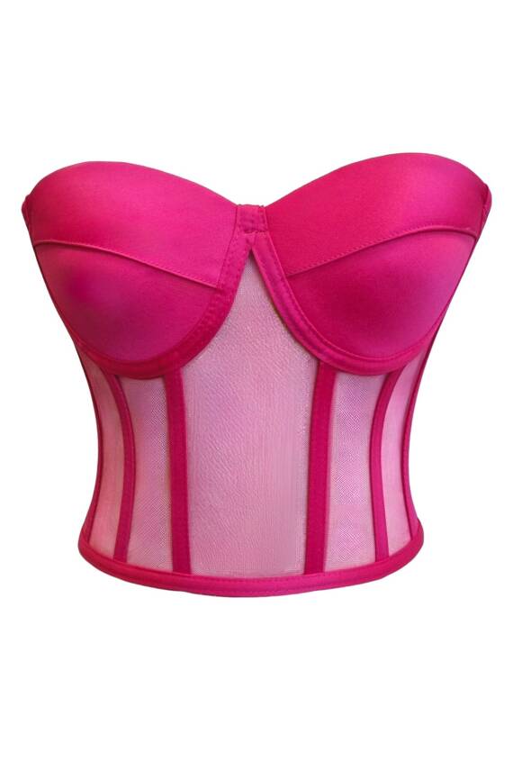 Transparan Balenli Bağlamalı Büstiyer Hazır Beden fuşya - 2