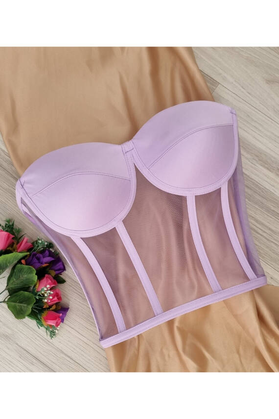 Transparan Balenli Bağlamalı Büstiyer Hazır Beden Pembe - 2