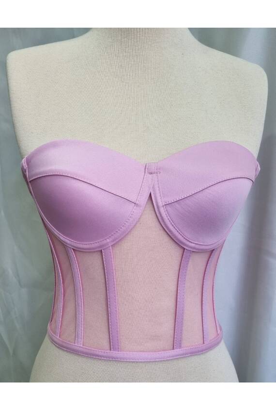 Transparan Balenli Bağlamalı Büstiyer Hazır Beden Pembe - 4