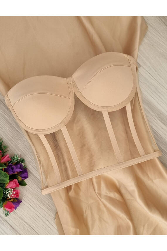 Transparan Balenli Bağlamalı Büstiyer Ten Hazır Beden - 1