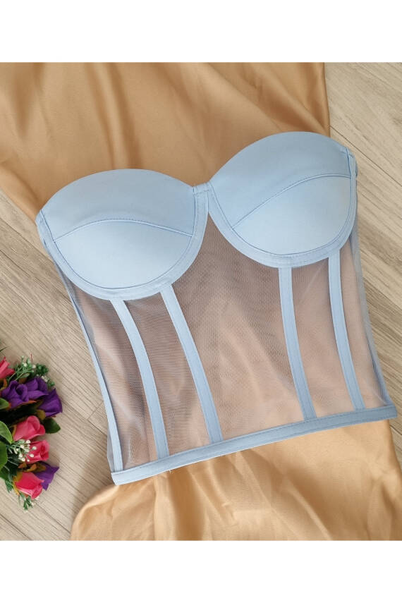 Transparan Balenli Korse Büstiyer Buz Mavisi Hazır Beden - 1