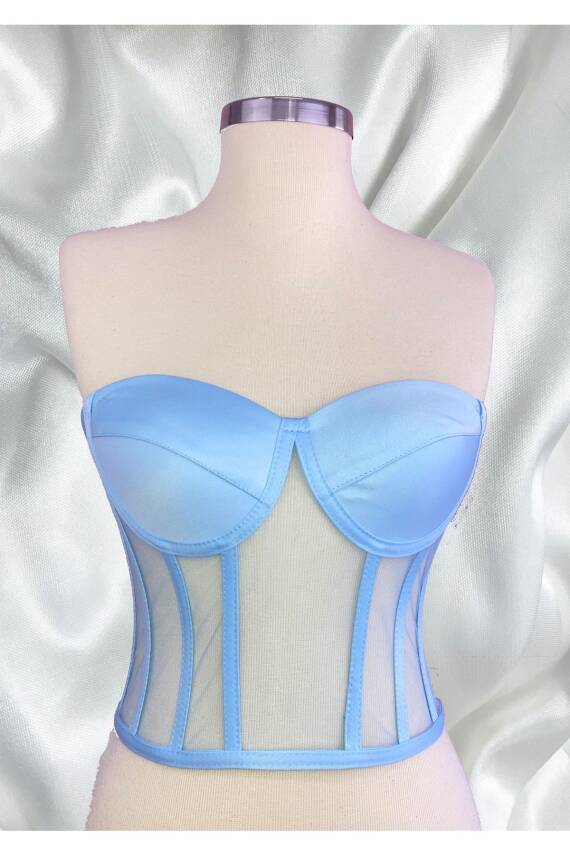 Transparan Balenli Korse Büstiyer Buz Mavisi Hazır Beden - 4
