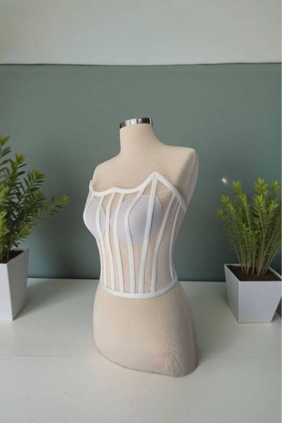 Transparan Balenli Korse Büstiyer Gelinlik Hazır Beden Beyaz - 3