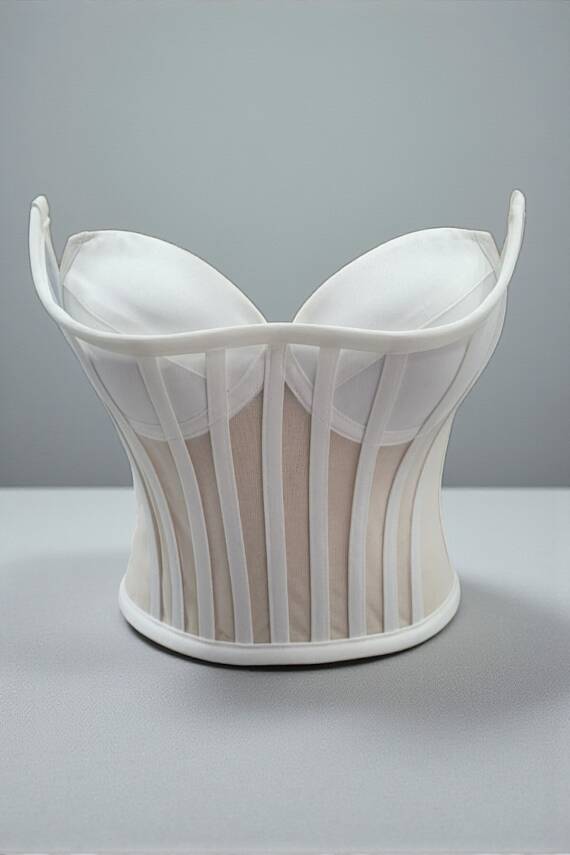 Transparan Balenli Korse Büstiyer Gelinlik Hazır Beden Beyaz - 6