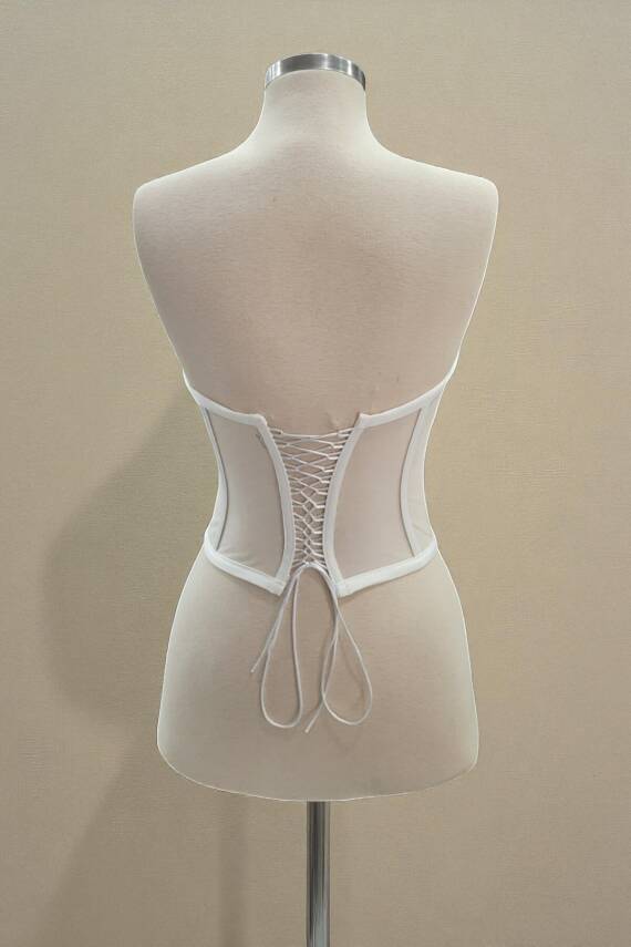 Transparan Balenli Korse Büstiyer Gelinlik Hazır Beden Beyaz - 10