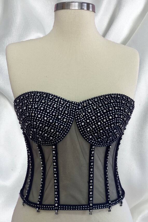 Transparan Balenli Korse Büstiyer Işıltılı Kristal Yapay Elmas Boncuk Süslemeli - 1