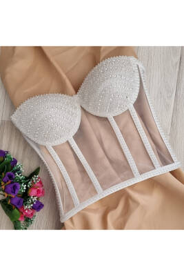 Transparan Balenli Korse Büstiyer Işıltılı Kristal Yapay Elmas Boncuk Süslemeli