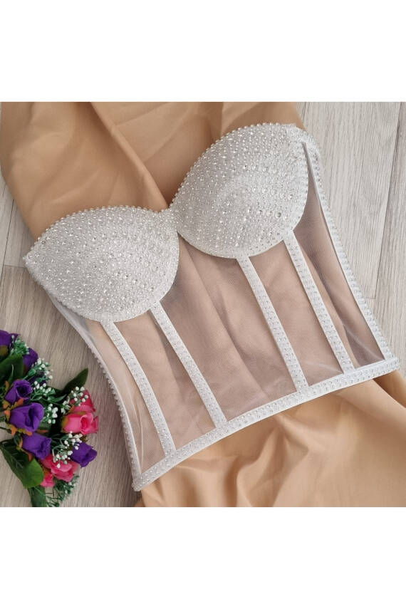 Transparan Balenli Korse Büstiyer Işıltılı Kristal Yapay Elmas Boncuk Süslemeli - 1