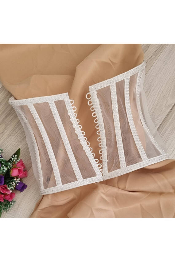 Transparan Balenli Korse Büstiyer Işıltılı Kristal Yapay Elmas Boncuk Süslemeli - 3