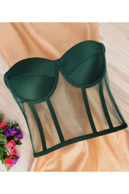 Transparan Balenli Korse Büstiyer Zümrüt Yeşil Hazır Beden