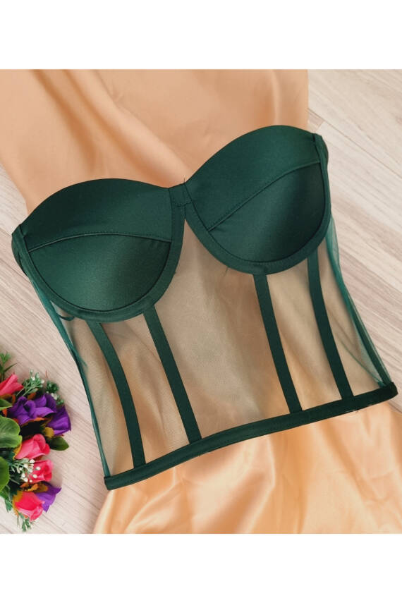 Transparan Balenli Korse Büstiyer Zümrüt Yeşil Hazır Beden - 2