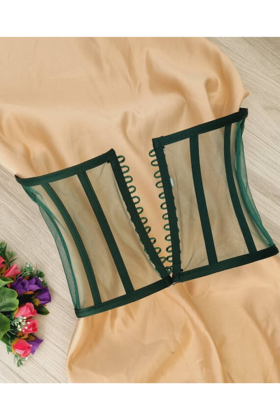 Transparan Balenli Korse Büstiyer Zümrüt Yeşil Hazır Beden - 3