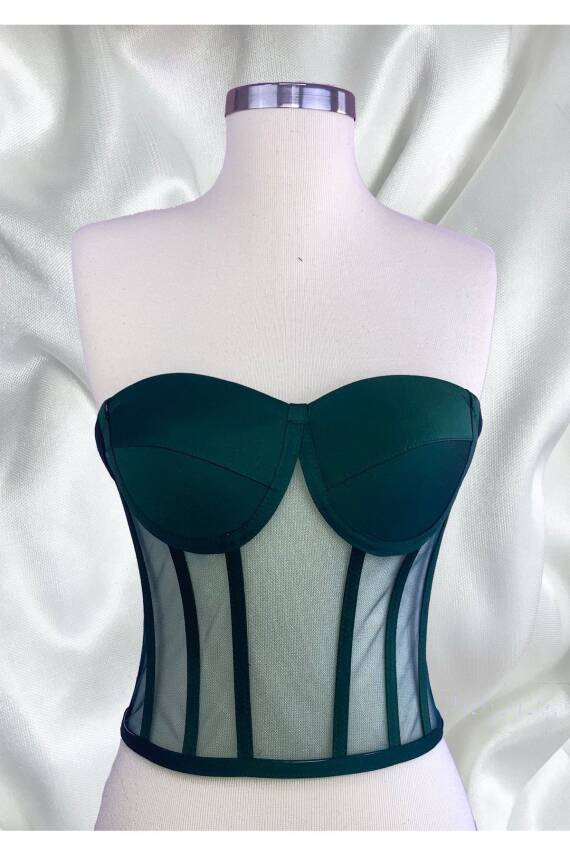 Transparan Balenli Korse Büstiyer Zümrüt Yeşil Hazır Beden - 5