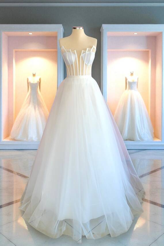 Transparan Basamak Yaka Maxi Boy Hazır Boş Tül Abiye ve Nikah Elbisesi - 1