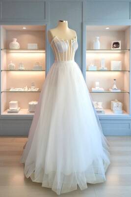 Transparan Basamak Yaka Maxi Boy Hazır Boş Tül Abiye ve Nikah Elbisesi - 3