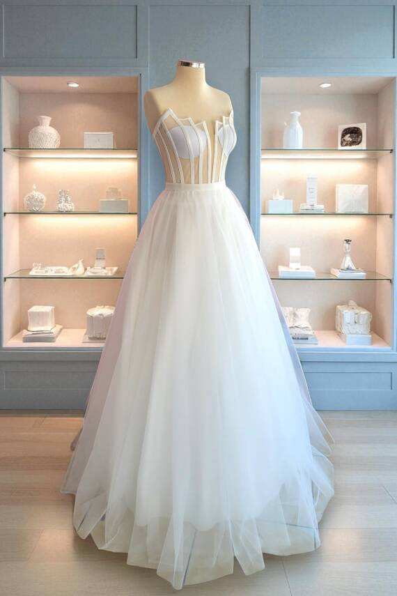 Transparan Basamak Yaka Maxi Boy Hazır Boş Tül Abiye ve Nikah Elbisesi - 3