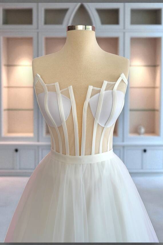 Transparan Basamak Yaka Maxi Boy Hazır Boş Tül Abiye ve Nikah Elbisesi - 5