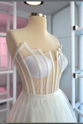 Transparan Basamak Yaka Maxi Boy Hazır Boş Tül Abiye ve Nikah Elbisesi - 6